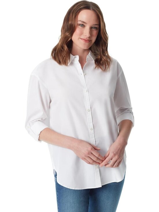Tops - Oversized Button Down Shirt with Roll-Tab Sleeves for Women - Casual Chic Style